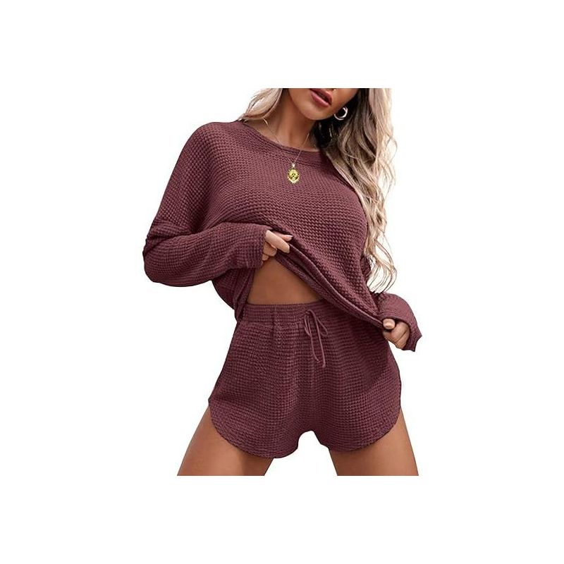 Ekouaer Womens Waffle Knit Pajama Sets Long Sleeve Top and Shorts Matching Lounge Set Loungewear Sweatsuit with Pockets Red L