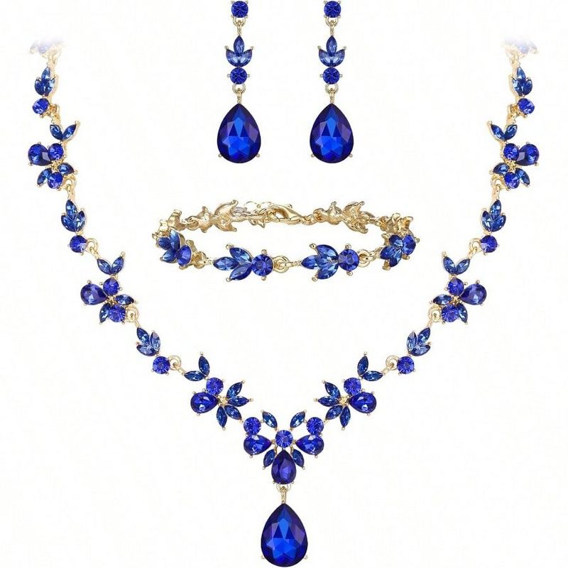 Bridal Jewelry Set: Y-Necklace, Tennis Bracelet & Crystal Teardrop Dangle Earrings with Marquise Cluster for Bride blue Standard