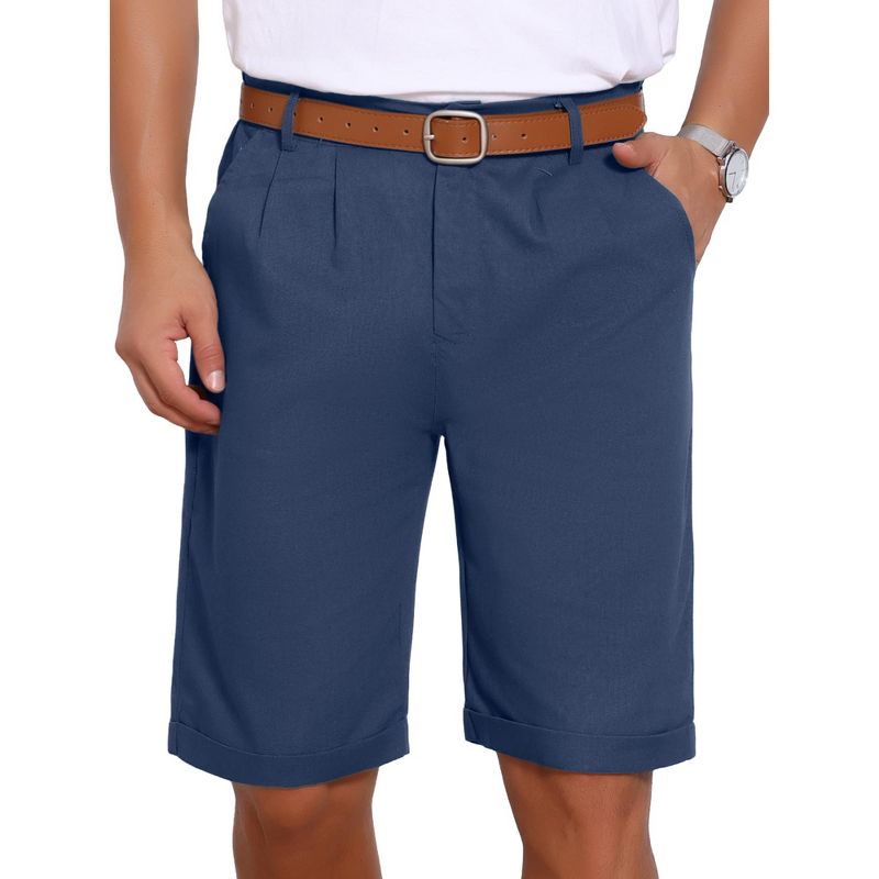 INSPIRE CHIC Men's Linen Pleated with Pockets Above Knee Casual Shorts 34 Dark Blue