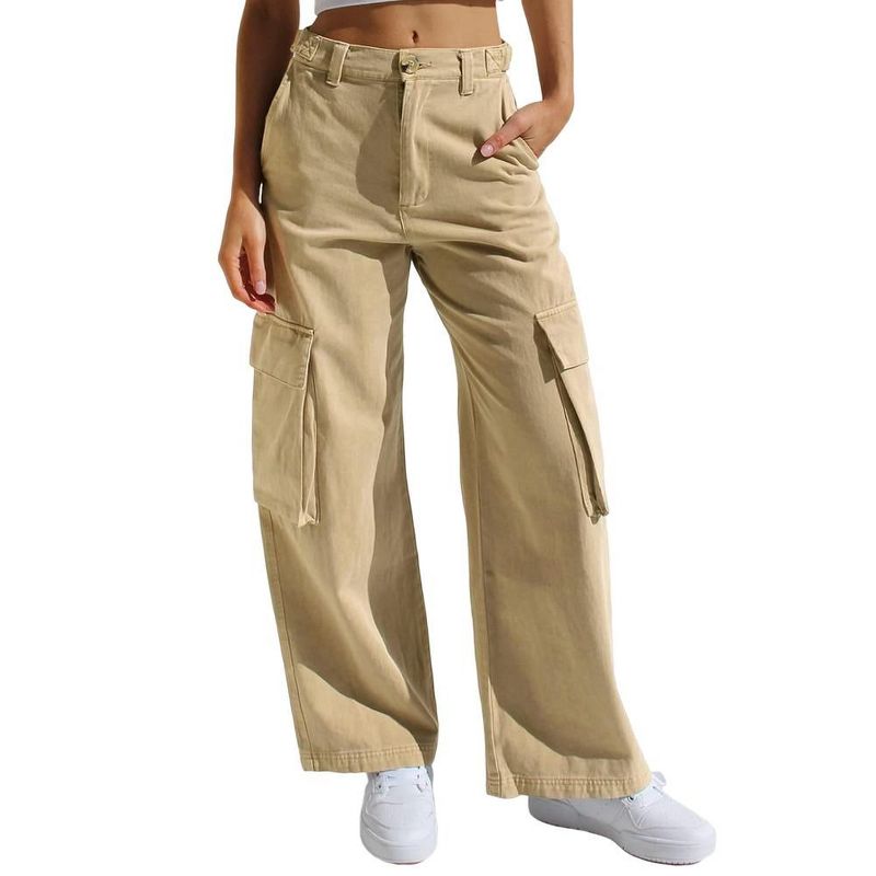 Coolmee Women's High Waisted Cargo Pants Wide Leg Casual Pants 6 Pockets Trousers Khaki L