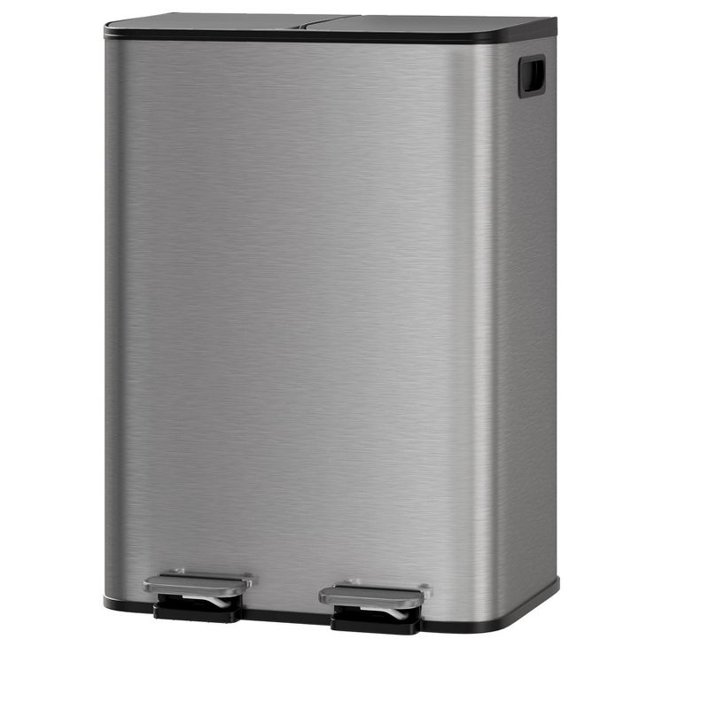COZONY Stainless Steel Double Trash Can, Dual Compartment Step-on Garbage Bin with Soft-Close Lid for Kitchen Recycling