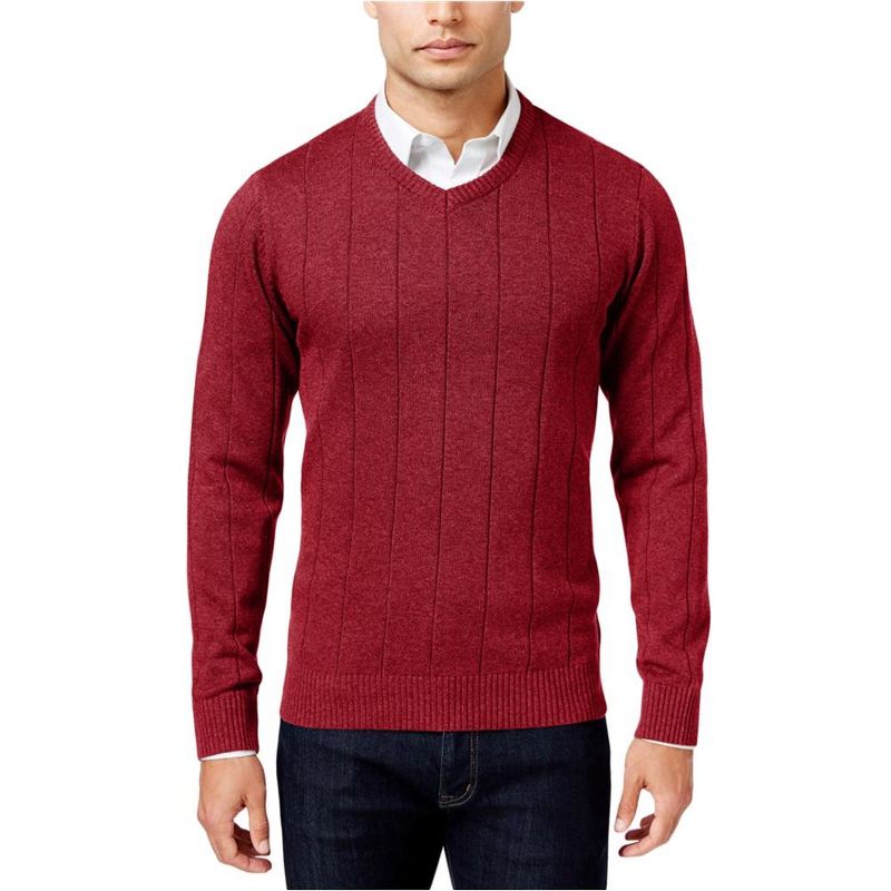 John Ashford Mens V-Neck Striped-Texture Knit Sweater, cherrywine, Small