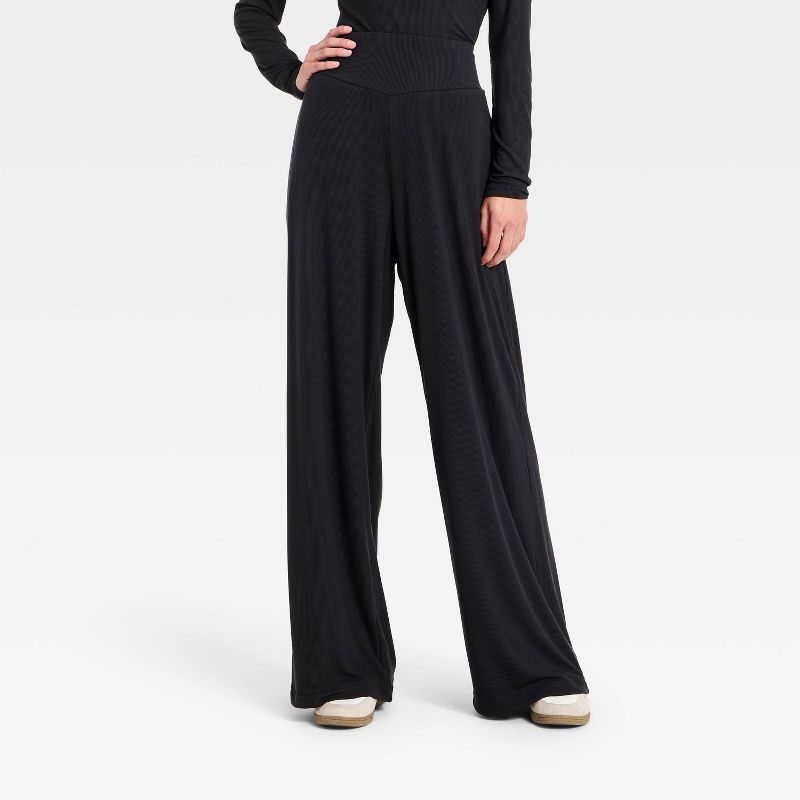 Women's Rib-Knit High-Rise Wide Leg Pants - All In Motion™ Black XL