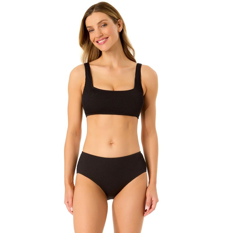 Anne Cole Women's Live In Color Textured Classic Square Neck Bralette Bikini Swim Top-Black-S