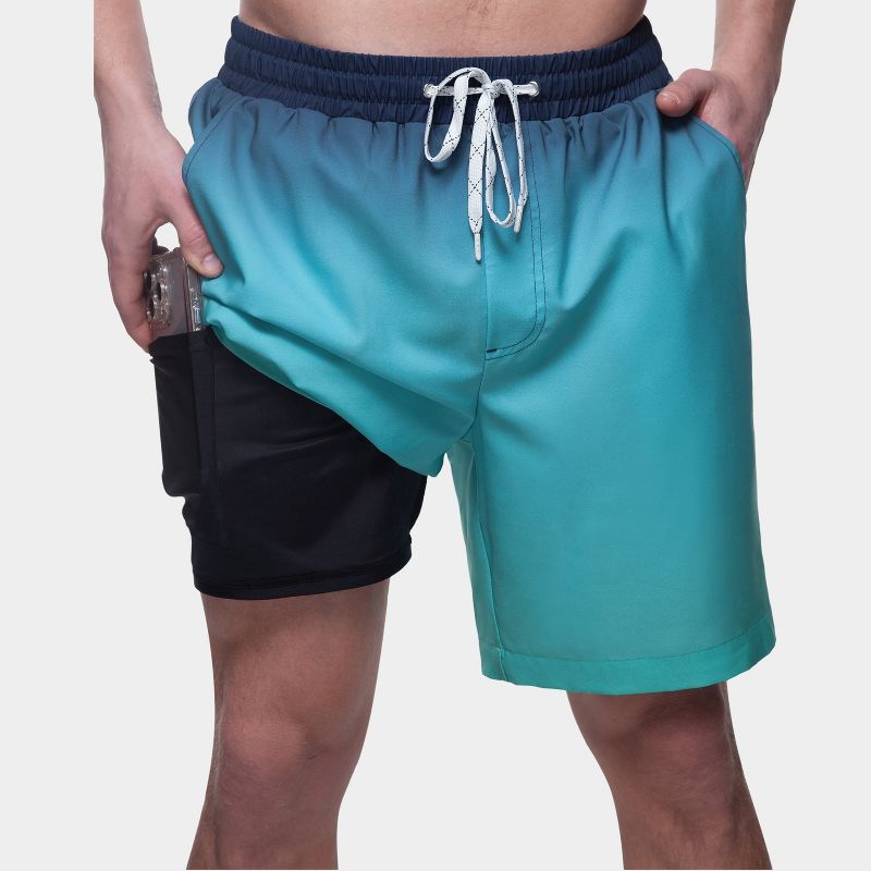 Rokka&Rolla Men's 7'' Stretch Swim Shorts with Compression Liner-Sea Blue Gradient, size XX Large