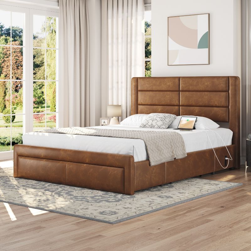 Yaheetech Upholstered Queen Size Bed Frame with 3 Storage Drawers and Built-In USB Ports, Amber Brown