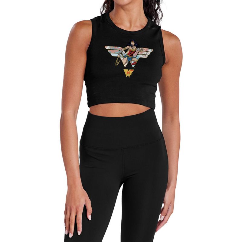 Women's Wonder Woman 80Th Collage Logo Sleeveless Crop Top Tank Black X Large
