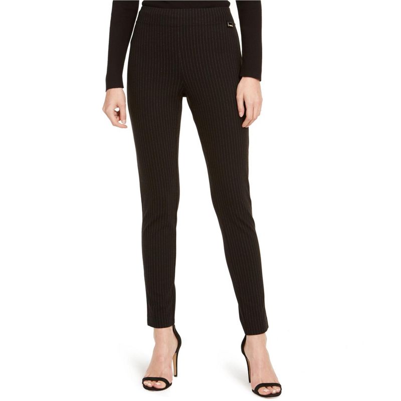 Calvin Klein Womens Pinstriped Pull-On Casual Trouser Pants, black, X-Small