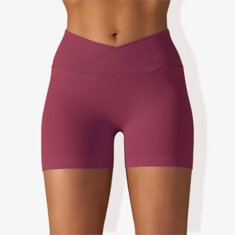 Anna-Kaci Active Women's Wide Band Stretchy Rib Knit Cross Front Gathered Biker Shorts-X Large, Burgundy