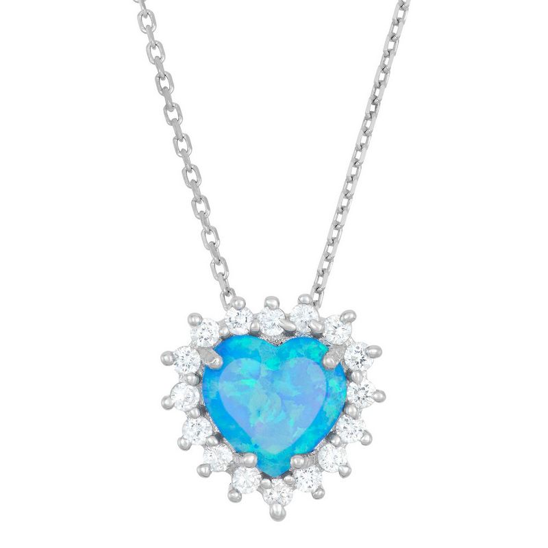 Opalata Sterling Silver Blue Inlay Opal Heart with CZ Border 18" Pendant Necklace - Blue
