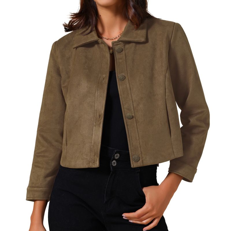 INSPIRE CHIC Women's Faux Suede Collared Vintage Long Sleeve Button Down Crop Jacket Medium Brown
