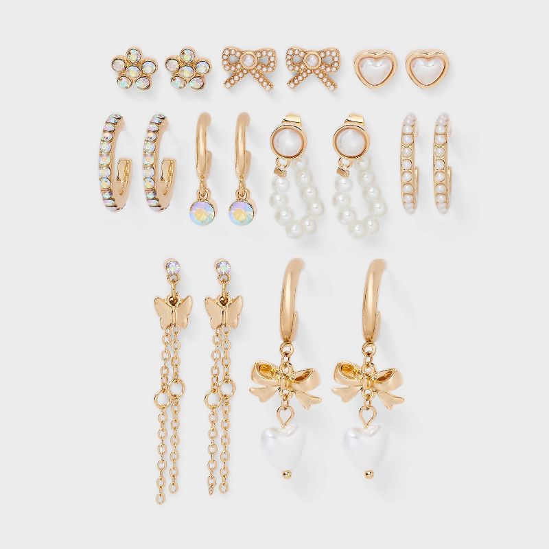 Bow Butterfly and Faux Pearl Earring Set 9pc - Wild Fable™ Gold
