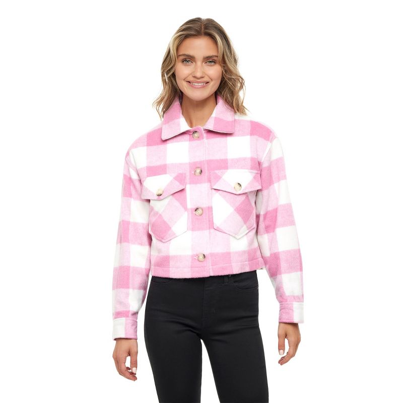 Women's Plaid Shirt Shacket Lined Coat - S.E.B. By SEBBY Pink-White Large