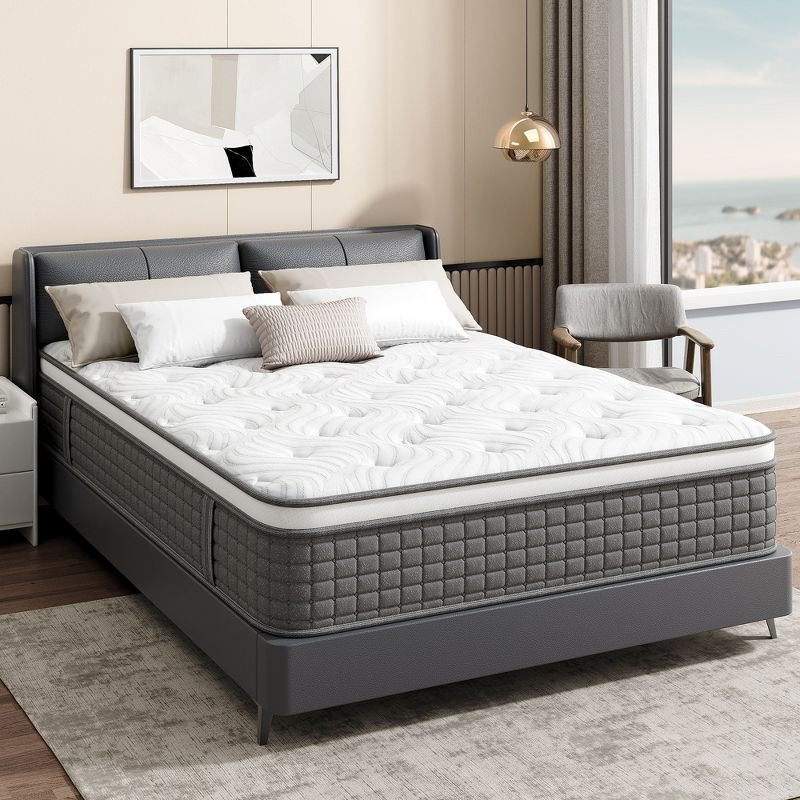 Sailvan Medium Firm Mattress, 12 inch Mattress in a Box with Memory Foam & Spring, Hybrid Mattress for Pressure Relief, Gray Queen