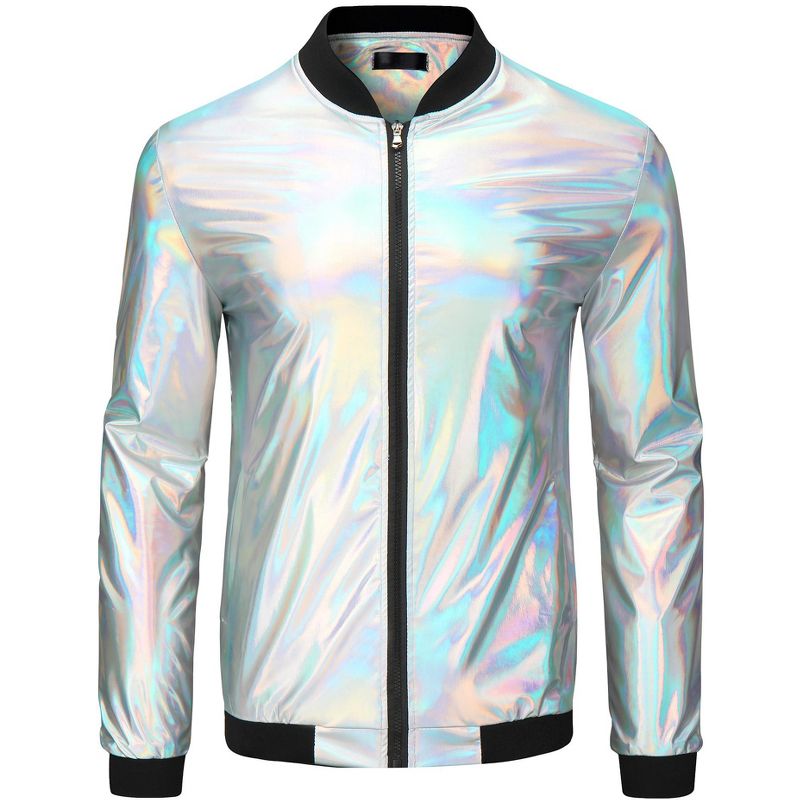 Lars Amadeus Men's Zip Up Long Sleeves Shiny Holographic Bomber Jacket Silver X Large