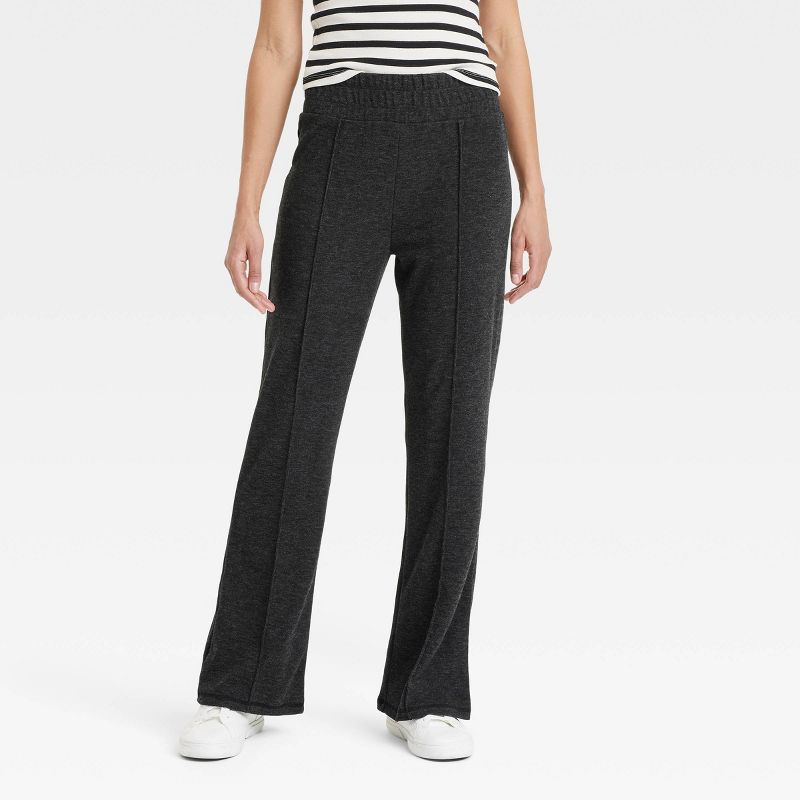 Women's Cozy Wide Leg Flare Pants with Front Seam and Smocked Waistband - A New Day™ Heather Black XL: Recycled Polyester