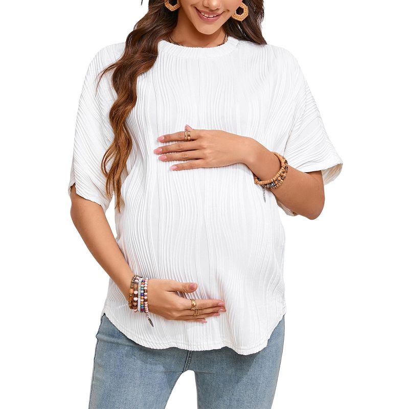 Womens Maternity Shirts Casual Textured Short Sleeve Crew Neck Lightweight Pregnancy Tops