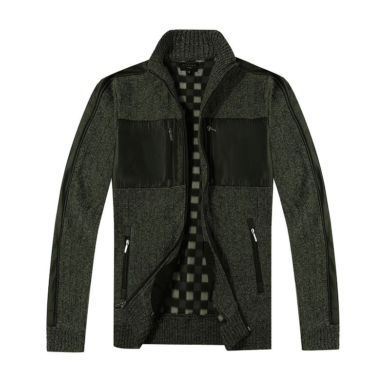 Gioberti Men's Full Zip Cardigan Patch Design Sweater with Flannel Lining, Melange Olive, X Large
