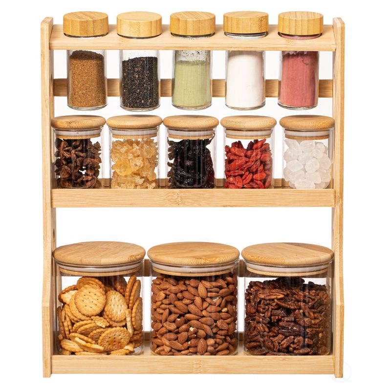 Basicwise Bamboo Spice Rack & Pantry Organizer witj Glass Jars – Perfect for Countertop Storage in Kitchens to Keep Containers Neatly Displayed