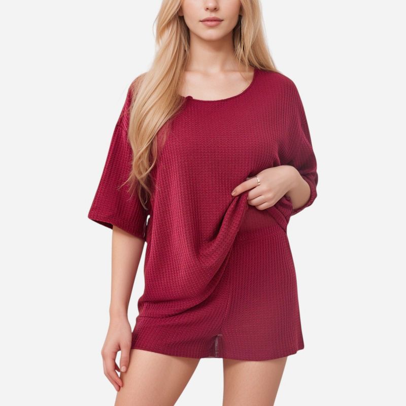 Anna-Kaci Lounge Women's Waffle Knit Short Sleeve Lounge Top and Shorts Set with Relaxed Fit - Medium, Red