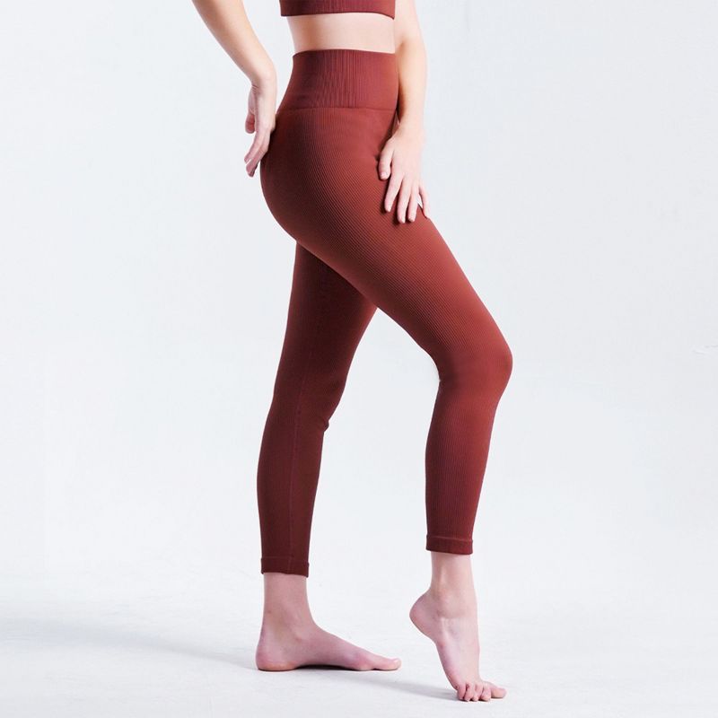 NAYSAYE L Women Yoga Pant Leggings Ribbed Solid High-Waisted Tummy Control Seamless Soft Gym Outfit Yoga Pants for Women Leg Training, Brown