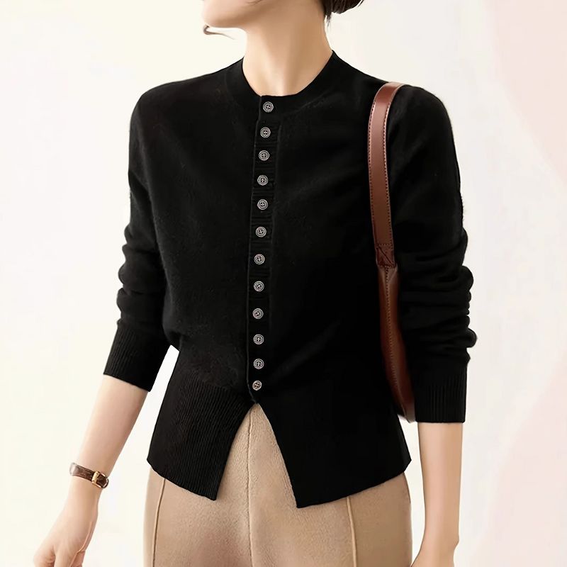 Women's Button Up Cardigan Sweater Fall Long Sleeve Crewneck Slim Trendy Knitwear Tops black,S