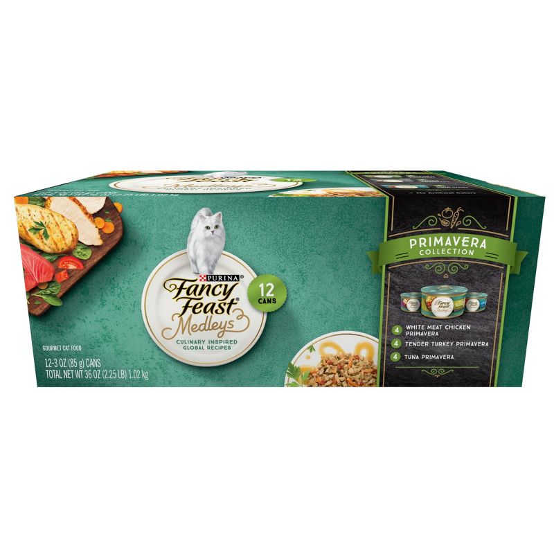 Purina Fancy Feast Medleys with Tuna,Chicken and Turkey Gourmet Wet Cat Food In a Classic Sauce Primavera Collection - 3oz/12ct Variety Pack
