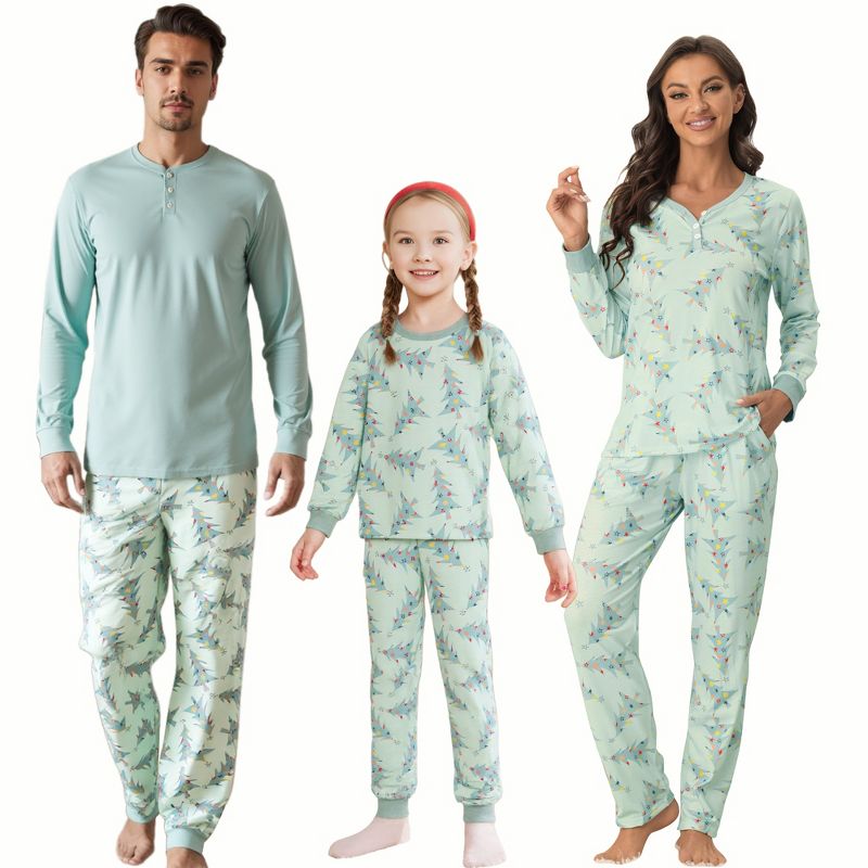 cheibear Christmas Tree Long Sleeve Tops with Pants Lounge Family Sleepwear Pajama Sets Green Light Green Women's Medium