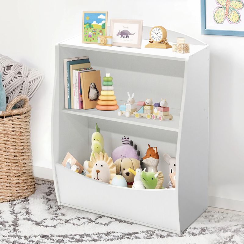 Kids Bookshelf and Toy Storage Organizer, 2 Tier Wood Bookcase for Childrens Rooms, Toy Display Shelf for Playroom and Nursery, White