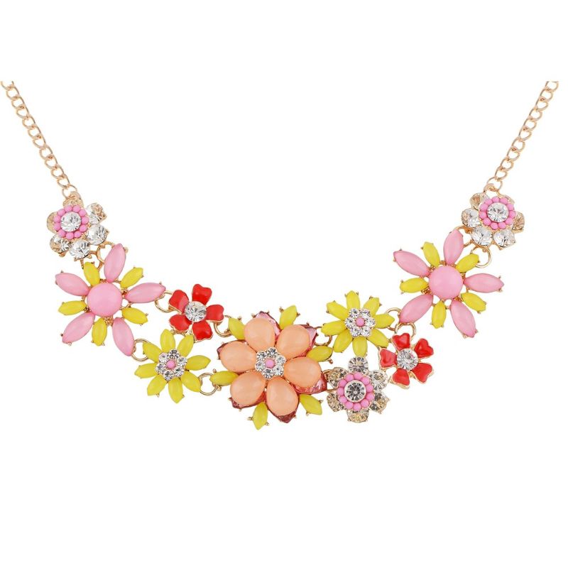 Alilang Gold Tone Multicolor Enamel Floral Statement Necklace with Pearl and Crystal Accents
