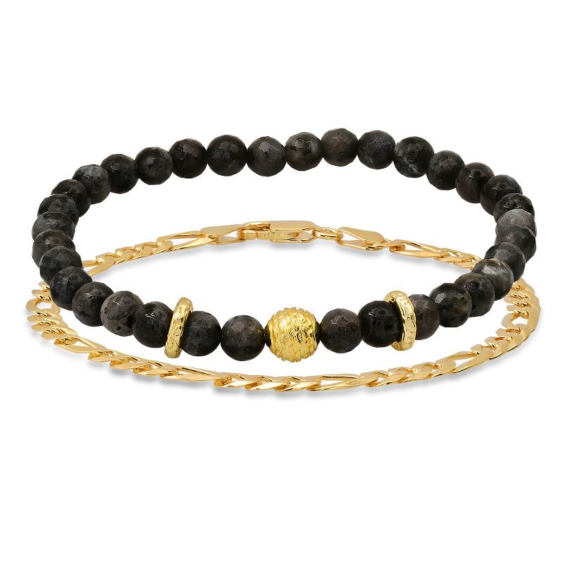 Steeltime Men's 14k gold plated sterling silver and gray agate beaded stretch and figaro chain bracelet set