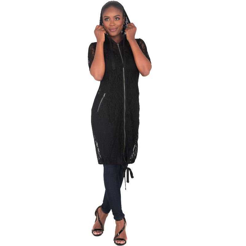 Poetic Justice Curvy Women's Athletic Stripe Short Sleeve Black Lace Long Hoodie Black Medium