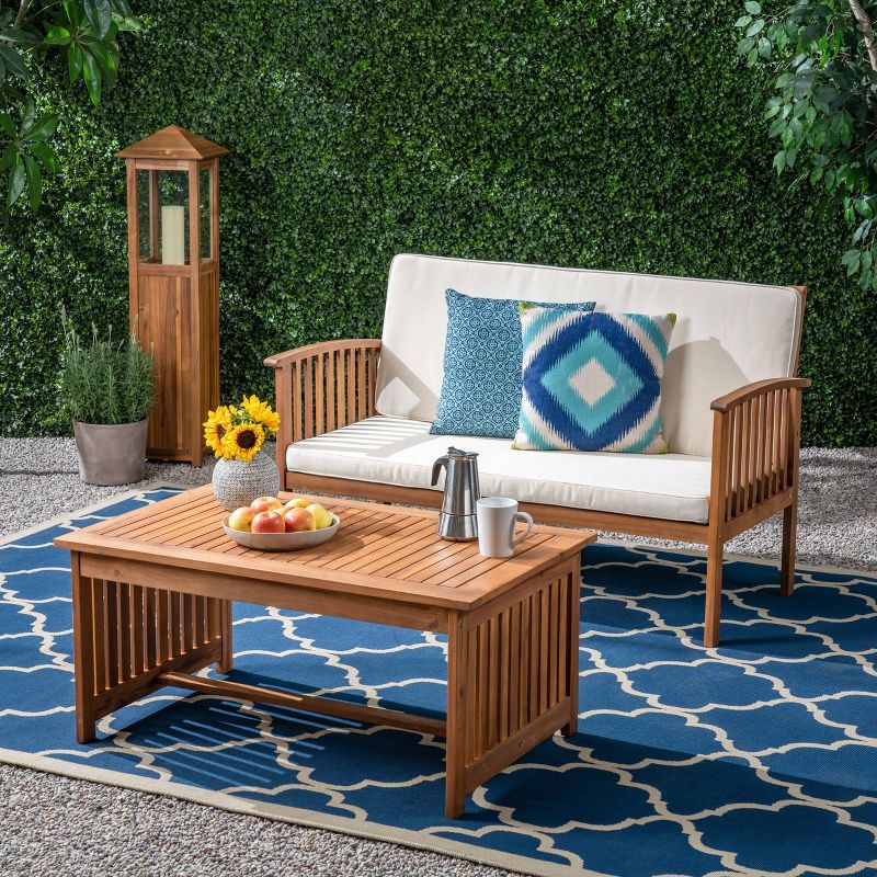 Carolina 2pc Acacia Loveseat and Coffee Table - Brown/Cream - Christopher Knight Home: Weather-Resistant, 2-Person Seating Set