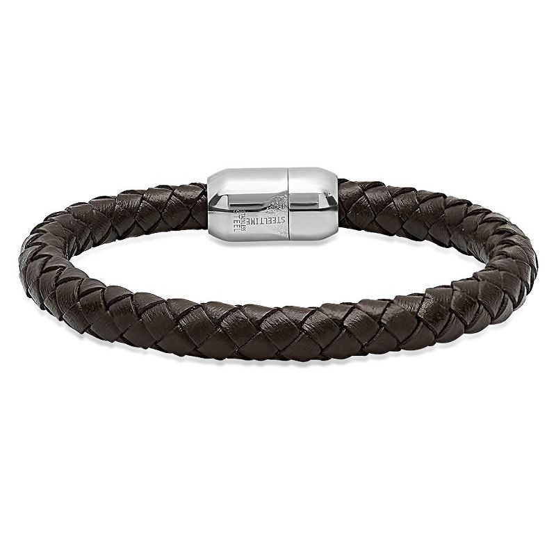 Steeltime Men's brown leather braided bracelet with stainless steel clasp