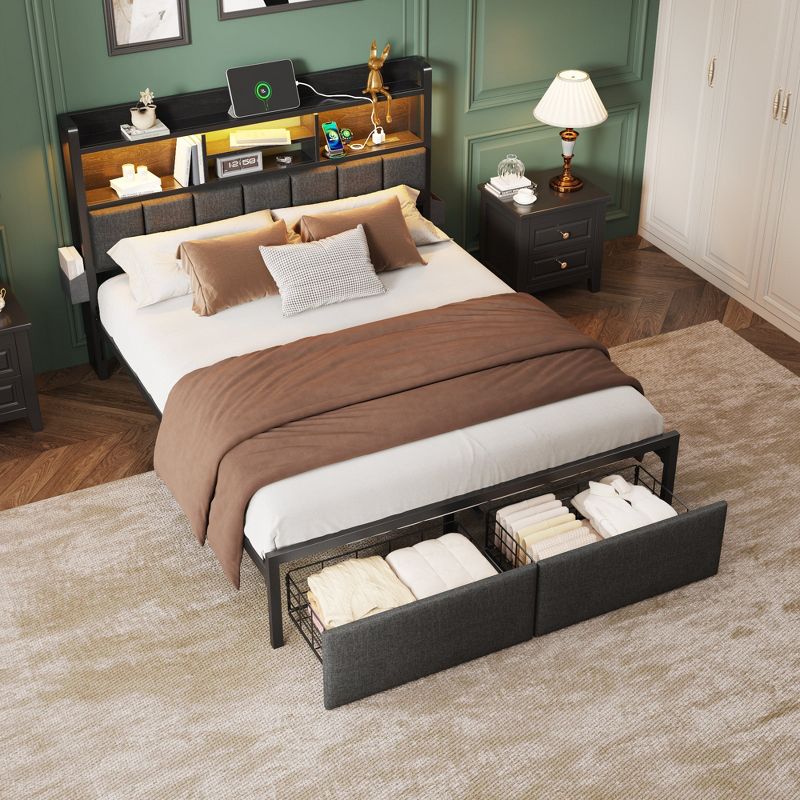 Modern Full Size Bed Frame With Charging Station LED Lights Upholstered Storage Headboard Shelf Under Bed Drawers Metal Platform Bedroom Furniture