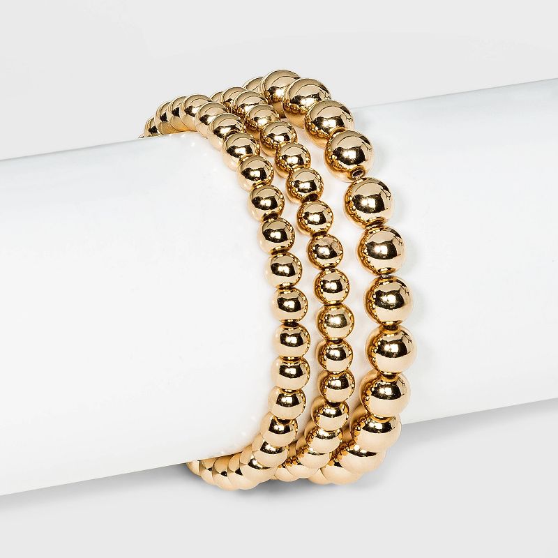 Brass Beaded Bracelet 3pc - A New Day™ Gold: Nickel-Free Elastic Band, One Size Fits Most