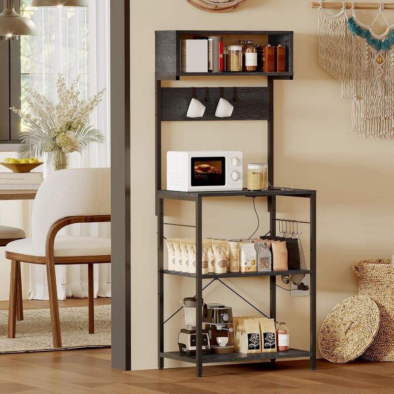 Acekool 4-Tier Baker’s Rack with Power Outlets, Kitchen Microwave Stand, Storage Shelf with Hooks, Coffee Bar Organizer