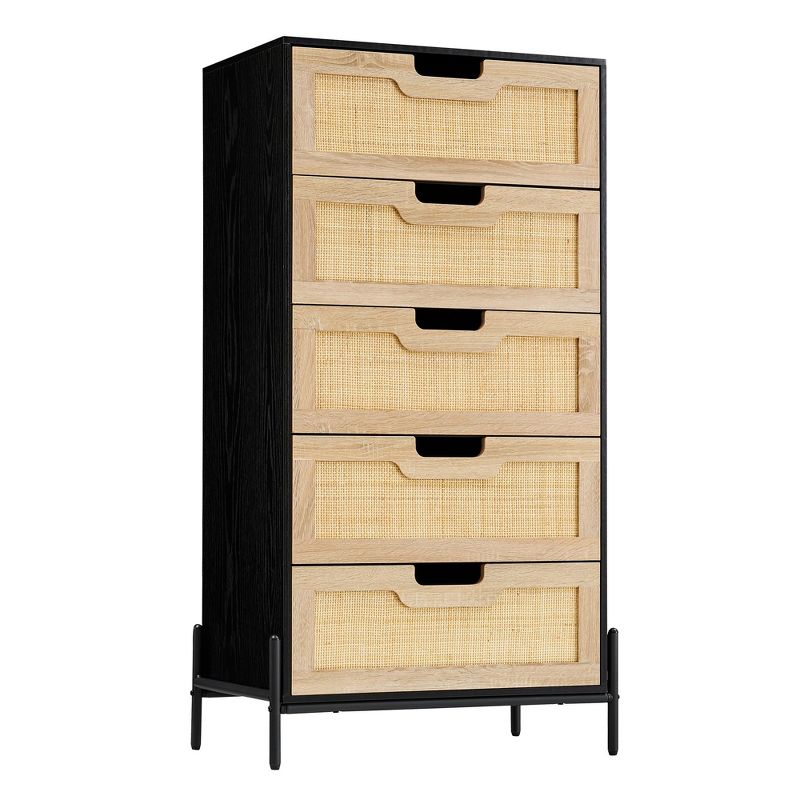 Rattan 5 Drawer Dresser, Large Natural Wood Chest of Drawers with Oak Finish, Boho Rattan Bedroom Furniture