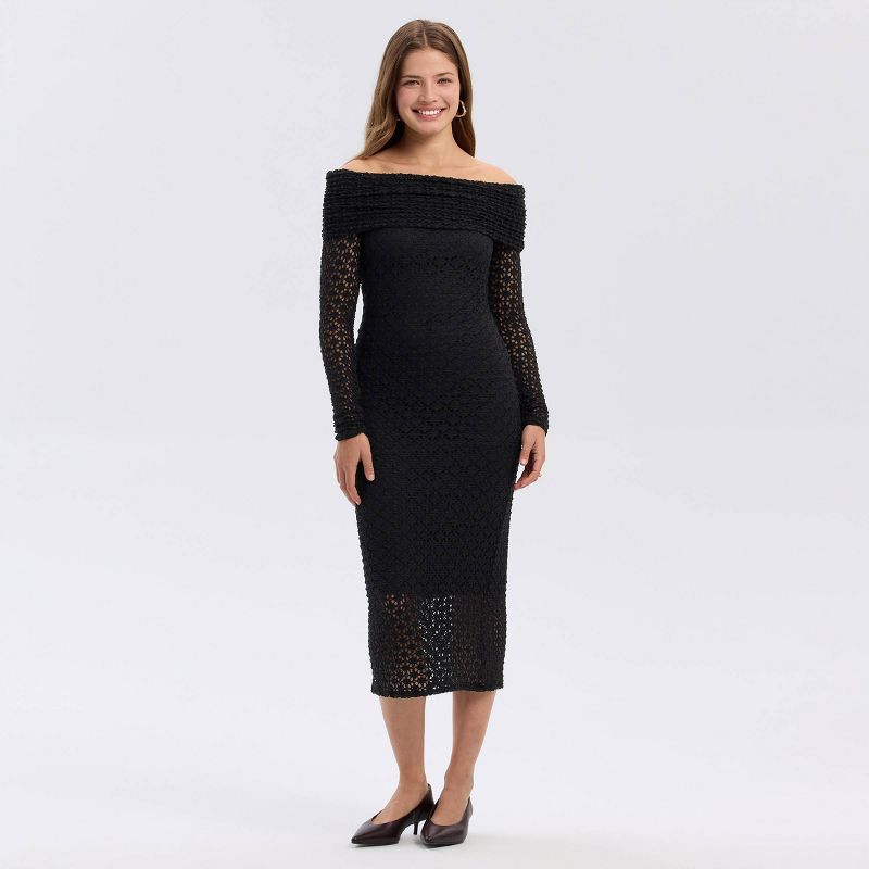 Women's Long Sleeve Off the Shoulder Lace Midi Bodycon Dress - A New Day™ Black XS