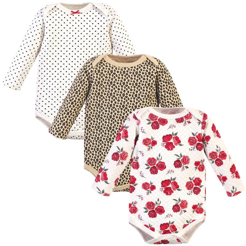 Hudson Baby Infant Girl Quilted Long-Sleeve Cotton Bodysuits 3pk, Rose Leopard, 0-3 Months