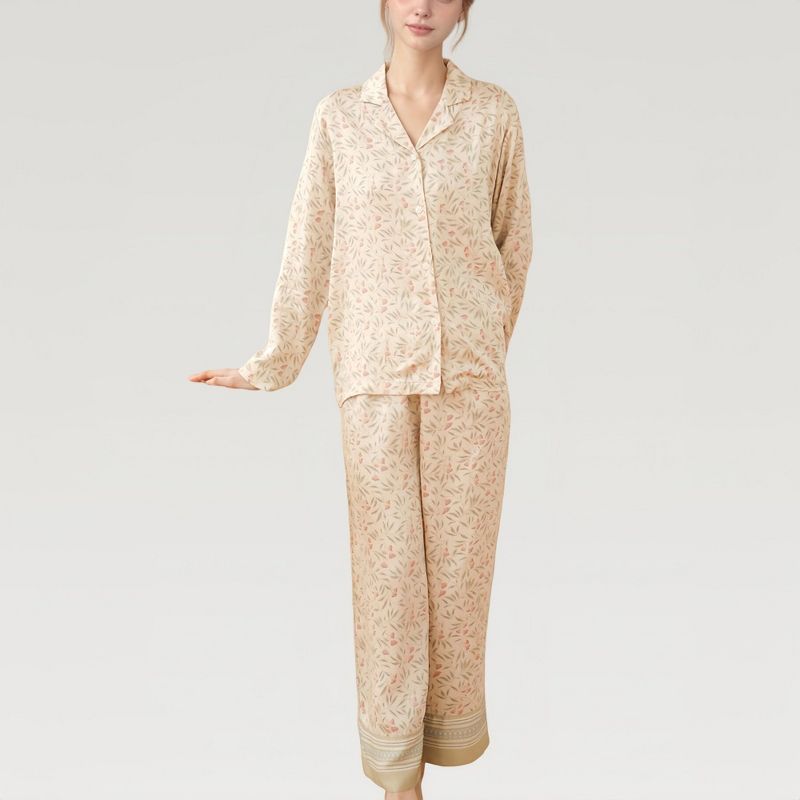 Anna-Kaci Lounge Women's Satin Botanical Print Pajama Set with Long Sleeve Button Top and Contrast Hem Pants - Large, Light Beige