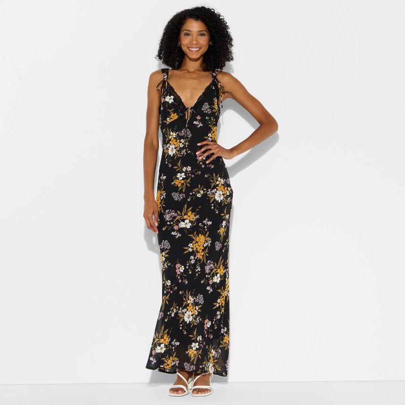 Women's Lace Trim Maxi Empire Waist Dress - Wild Fable™ Black Floral XXS