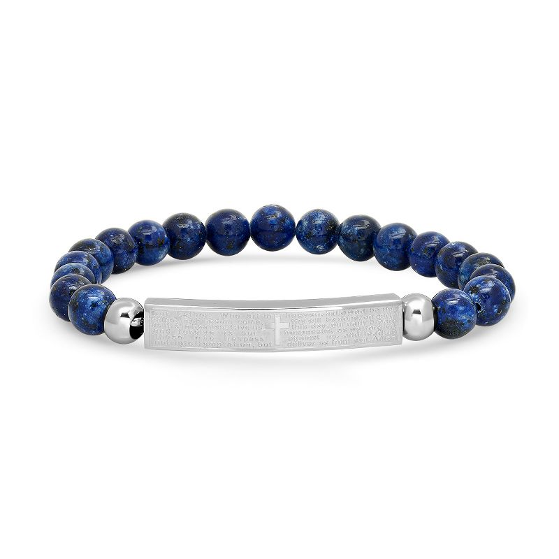 Steeltime Men's blue lapis beads and stainless steel Our Father prayer id bracelet