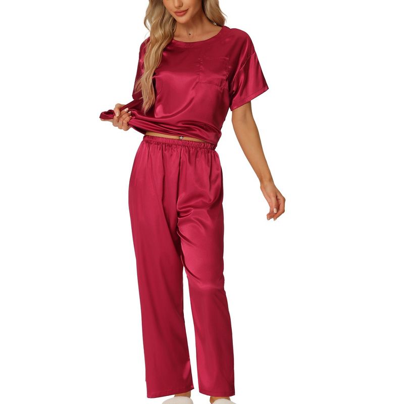 cheibear Women's Satin Summer Short Sleeves Sleepshirt with Pants Lounge Pajamas Sets Red Large