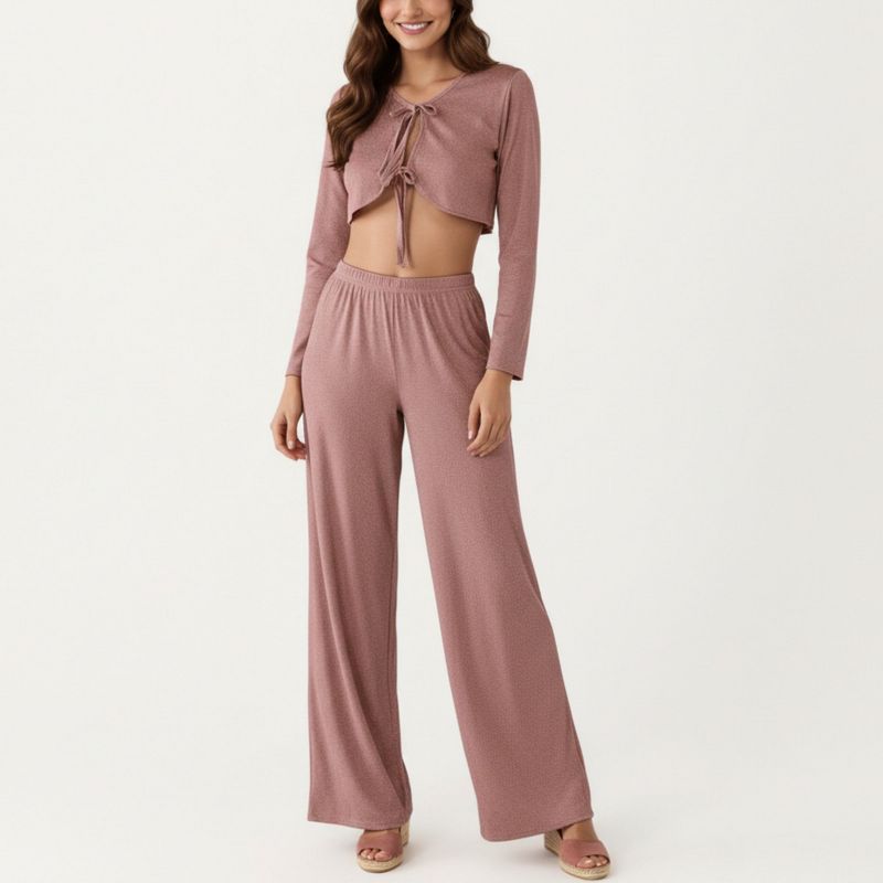 Anna-Kaci Lounge Women's Long Sleeve Pajama Set with Tie Front Cropped Top and Relaxed Fit High Waist Full-Length Lounge Pants - Mauve Pink, Medium
