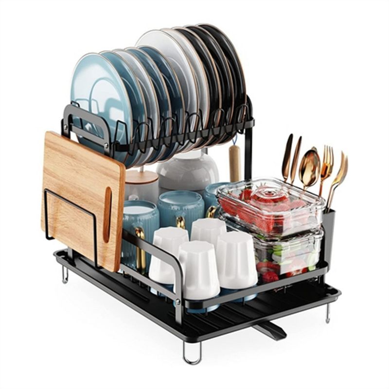 SEVOBAL Kitchen Storage 2 Tier Dish Drying Rack with Drainboard and Utensil Holder for Kitchen Organization, Black, 16.93"*12.6"*3.94"