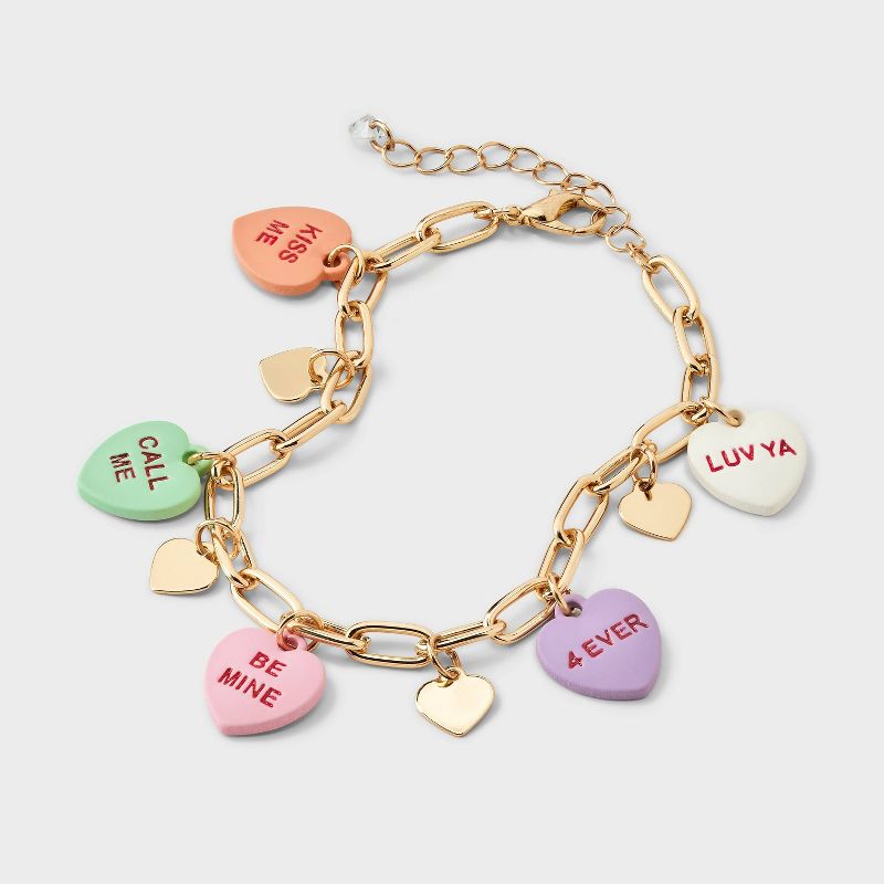 Valentines Mixed Conversation Heart Charm Bracelet - Gold