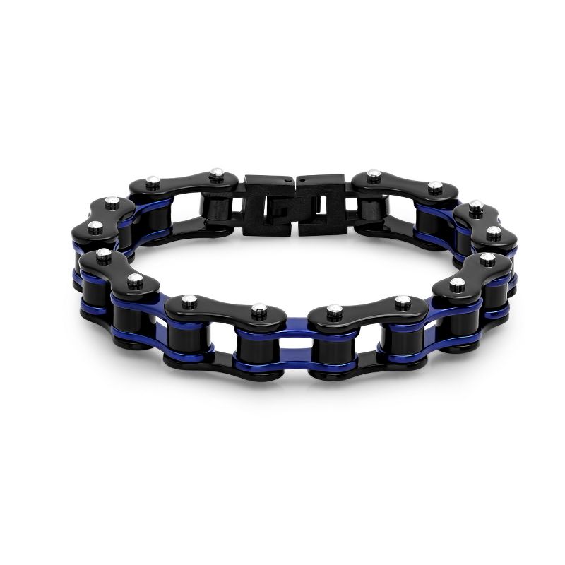 Steeltime Black Ion Plated stainless steel Bicycle Link Designed 8" Bracelet with Blue Accents