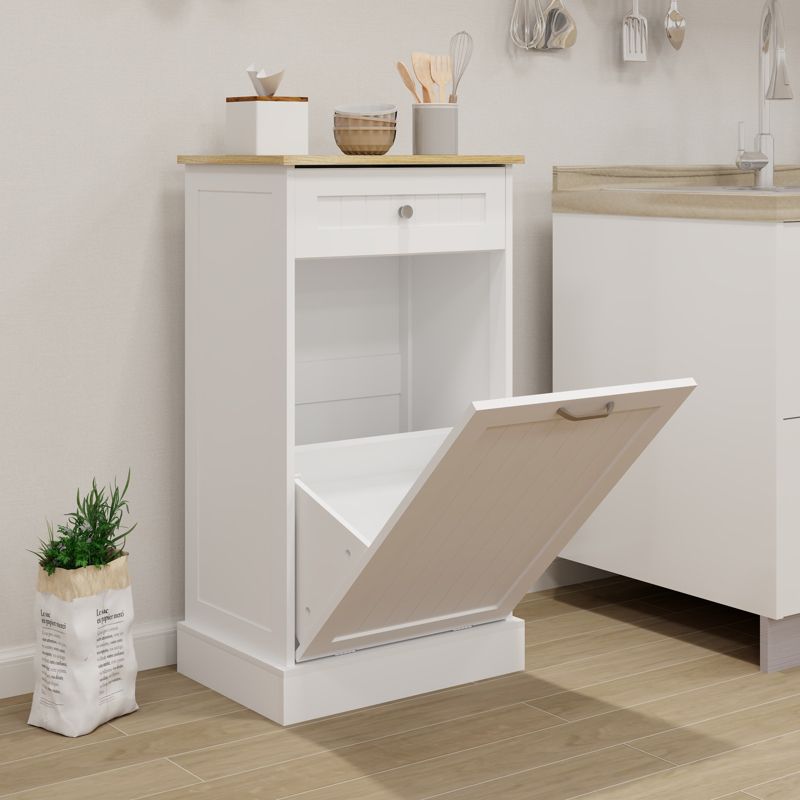 Angel Sar White Tilt-Out Trash Cabinet with Drawer, 10-Gallon Kitchen Waste Bin Holder with Storage Compartment for Recycling, Laundry, or Pet Food
