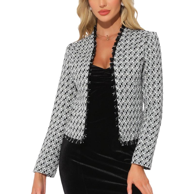 INSPIRE CHIC Women's Plaid Tweed Long Sleeve Open Front Work Office Blazer Small Black